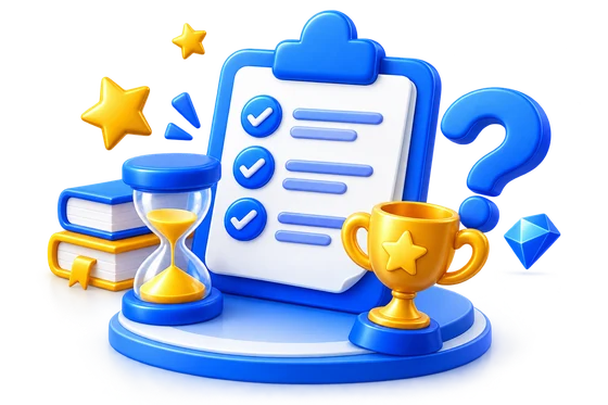 Quiz checklist, hourglass, trophy and question mark